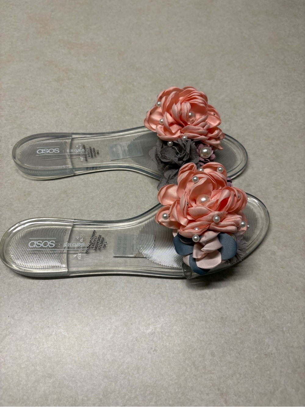 ASOS Clear Slide Sandals with Coral Satin Floral Accents